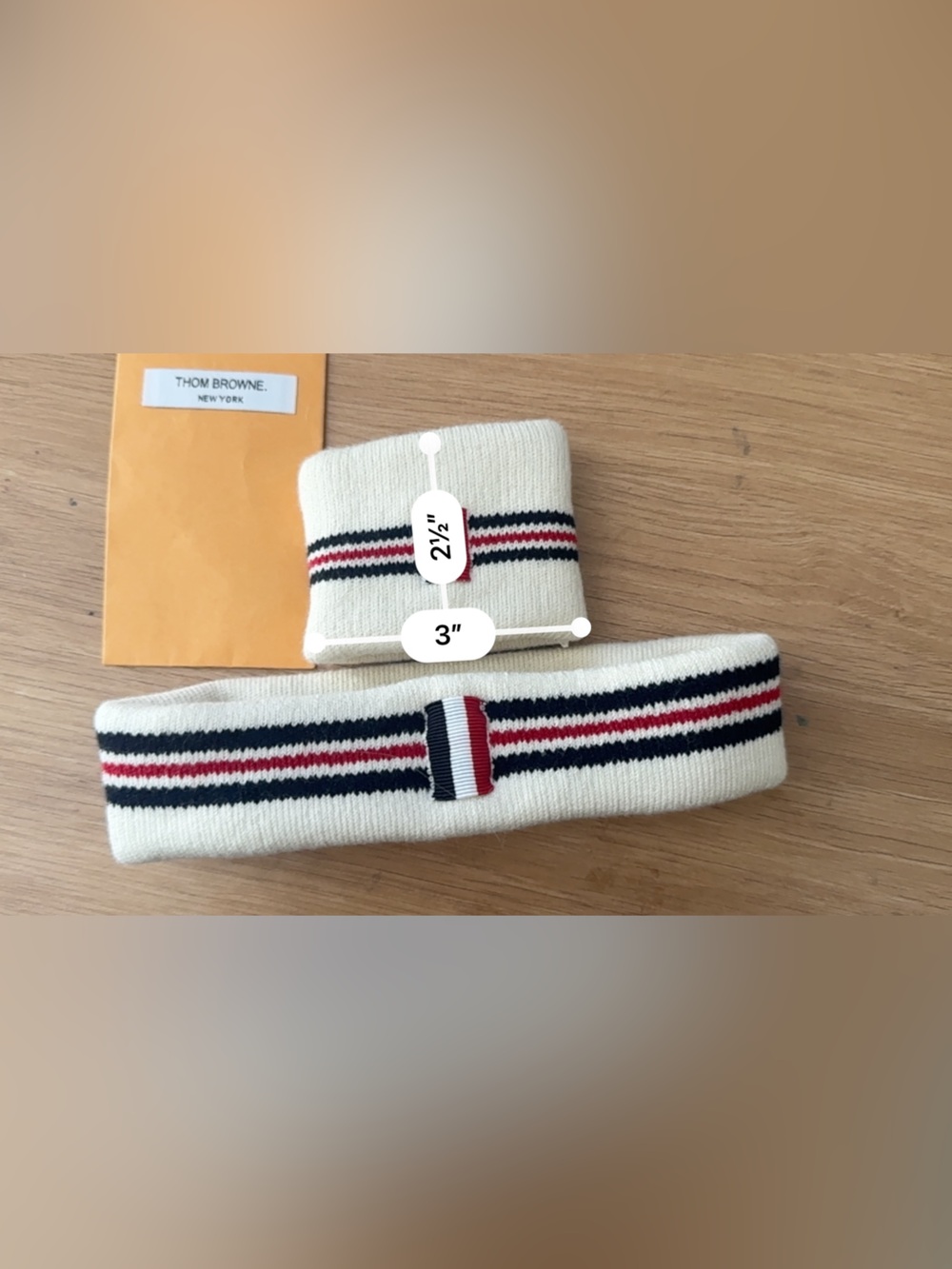 THOM BROWNE Cotton Headband & Wrist Cuff Set Ivory White Knit Stripe *READ - Picture 5 of 6